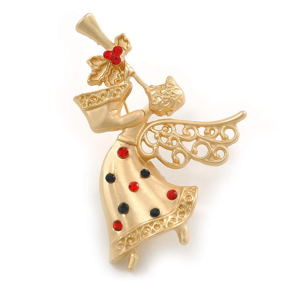 [Australia] - Avalaya Beautiful Guardian Angel Green/Red Crystal Brooch in Matte Gold Tone Xmas Christmas - 48mm L 