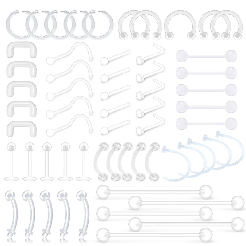[Australia] - MODRSA Mix Set Clear Piercing Retainers Septum Retainer Nose Studs Flexible Lip Ear Nose Tongue Rings Nipplering Cartilage Rook Daith Earrings Horseshoe Plastic Industrial Piercing Retainer for Work A: clear retainer set 