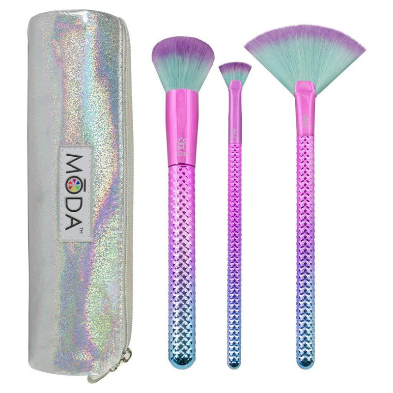 [Australia] - MODA Full Size Prismatic Radiance 4pc Makeup Brush Set with Pouch, Includes, Fan, Buffer, and Micro-Glow Brushes, Pink -Teal Ombre 