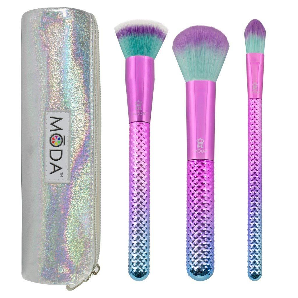[Australia] - MODA Full Size Prismatic Base Face 4pc Makeup Brush Set with Pouch, Includes, Multi-Purpose Brush, Stippler, and Pointed Foundation Brushes, Pink -Teal Ombre 