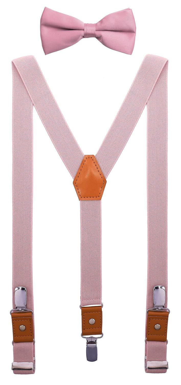 [Australia] - SUNNYTREE Mens Kids Suspenders Bow Tie Set Adjustable Y Back Elastic 24 inches (1 yrs - 3 yrs) 1_blush 