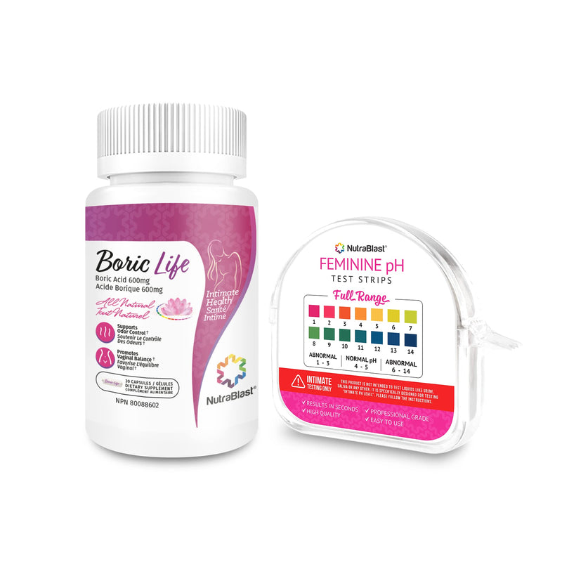 [Australia] - NutraBlast Boric Acid Vaginal Suppositories 600mg (30 Count) & Feminine pH Test Strips 1-14 (100-Tests Roll) | Monitor Feminine Intimate Health | Acidity & Alkalinity Balance 