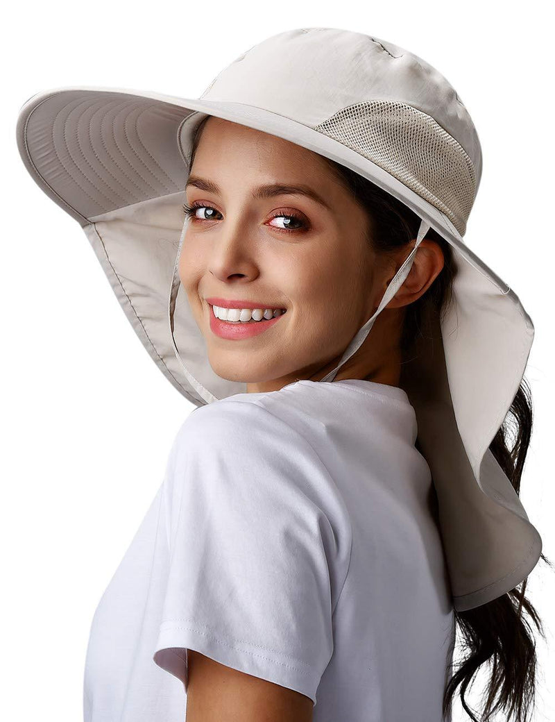 [Australia] - Womens Mens Hiking Fishing Hat Waterproof Nylon Wide Brim Hat with Large Neck Flap UPF 50+ Sun Protection Hats for Women&Men One Size 01-beige 