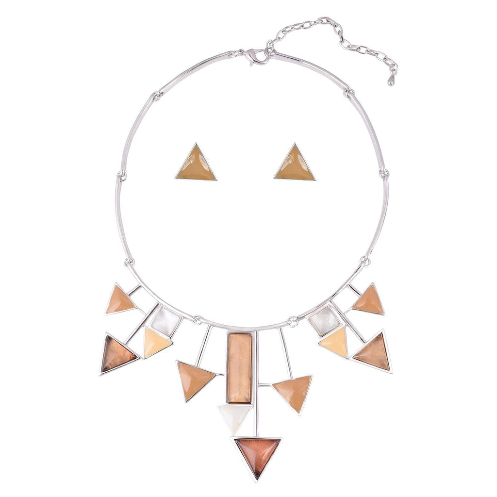 [Australia] - Retro Geometric Triangle Square Arrow Shapes Bib Statement Necklace and Earrings Sets for Women Lady Dinner Party Wedding Jewelry Set Khaki 