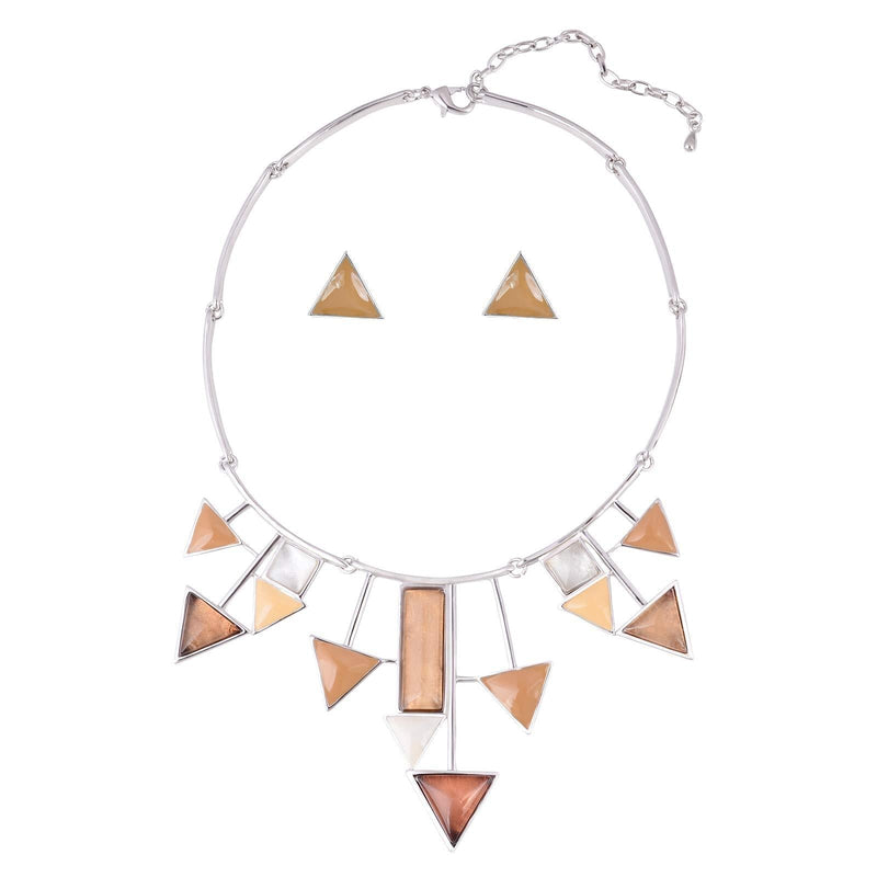 [Australia] - Retro Geometric Triangle Square Arrow Shapes Bib Statement Necklace and Earrings Sets for Women Lady Dinner Party Wedding Jewelry Set Khaki 