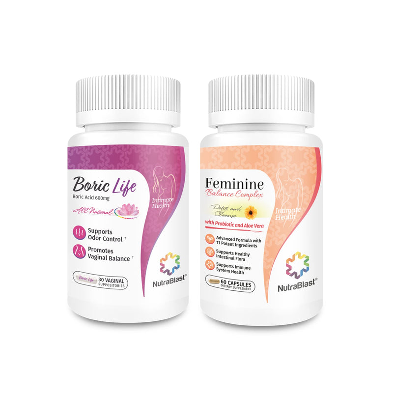[Australia] - NutraBlast Boric Acid Vaginal Suppositories 600mg (30 Count) w/Feminine Balance Complex (60 Capsules) | Vaginal Detox & Cleanse | Supports Healthy Intestinal Flora & Immune System 