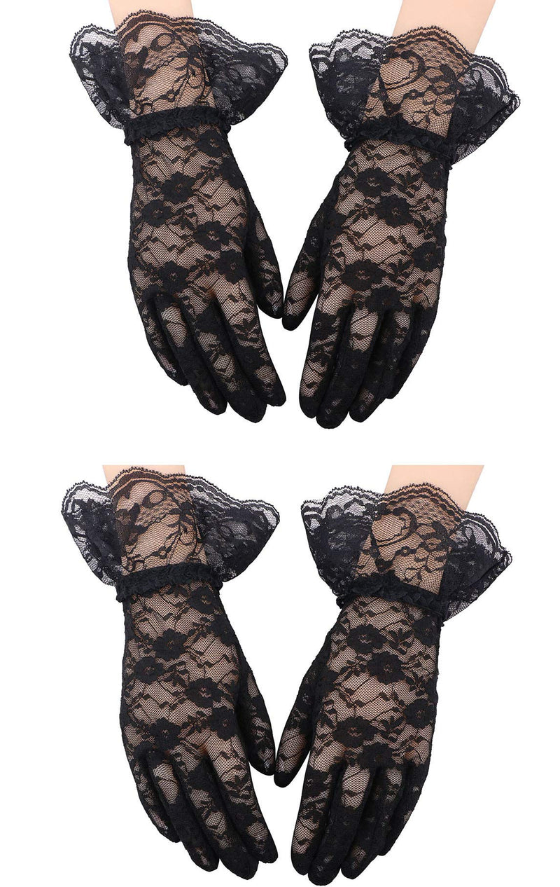 [Australia] - Simplicity Women's Vintage Sheer Floral Lace Wrist Length Gloves 2 Pack_black With Lace Wrist 