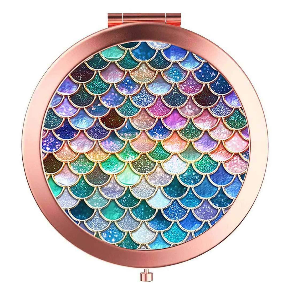 [Australia] - Rose Gold Travel Purse Mirror Compact Double Sides 2x & 1x Magnification Hand Mirror Metal Round Bohemian Mirror for Women and Girls-Fish scale Fish Scale 