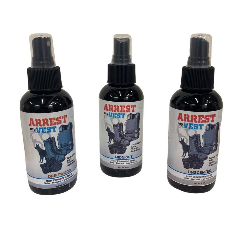[Australia] - Arrest My Vest Military and Police Grade Odor Eliminating Spray for Body Armor Odor, Tactical Gear. Safe on K9's. Triple Pack of Assorted Fragrances 1 Unscented, 1 Midnight and 1 Driftwood Bottles 