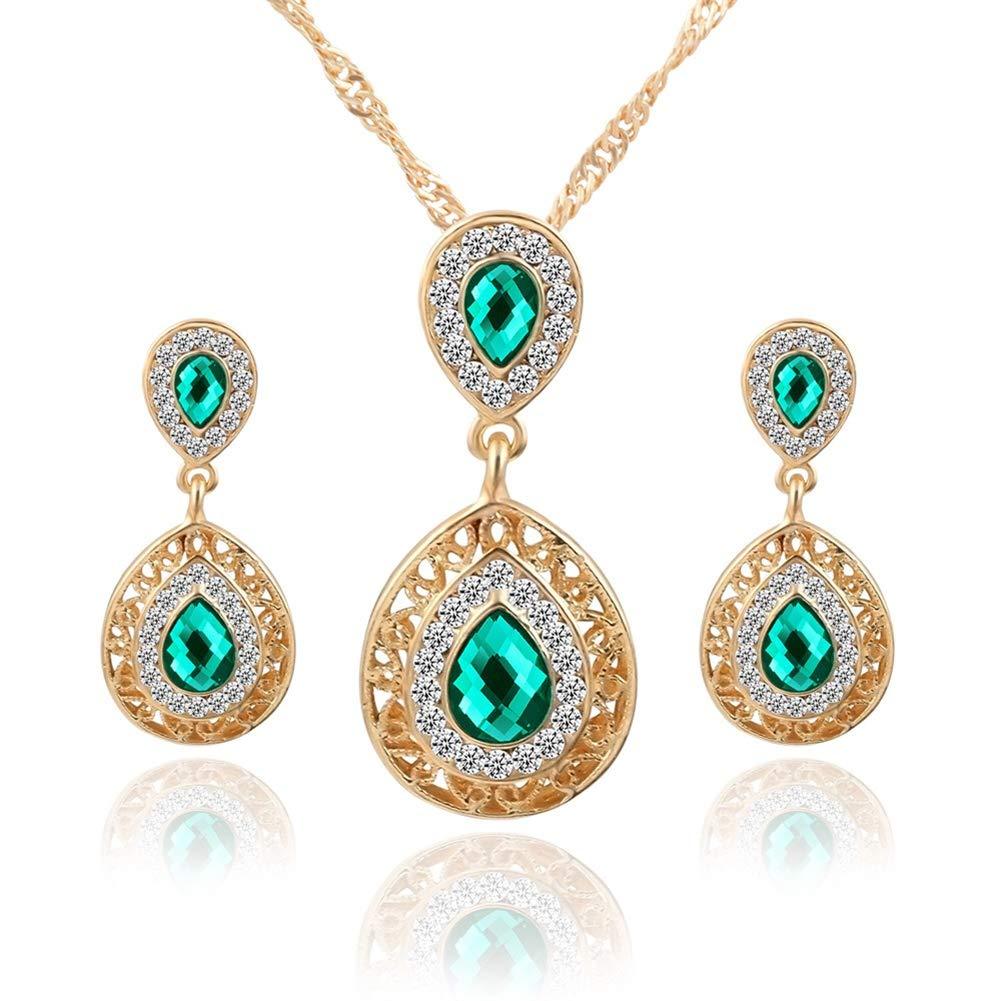 [Australia] - AILUOR Fashion Waterdrop Crystal Jewelry Set, Retro Vintage Celtic Knot Waterdrop Green Gemstone Water Drop Pendant Necklace Stud Earrings Jewelry Set for Women Mother Bridal Wedding Gold 