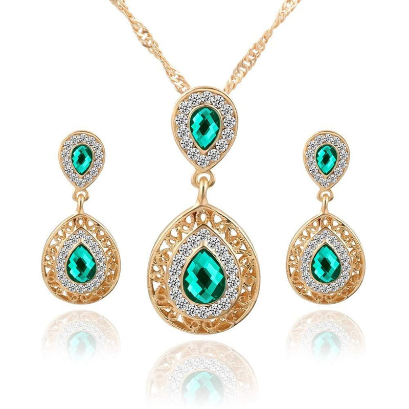 [Australia] - AILUOR Fashion Waterdrop Crystal Jewelry Set, Retro Vintage Celtic Knot Waterdrop Green Gemstone Water Drop Pendant Necklace Stud Earrings Jewelry Set for Women Mother Bridal Wedding Gold 