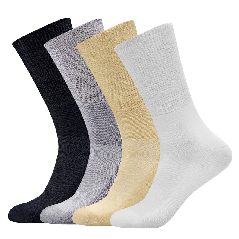 [Australia] - Busy Socks Non-Binding Top Diabetic Socks for Men Women, Thin Soft Crew Mid Calf Socks with Seamless Toe Large 4 Pairs Black/White/Gray/Beige 