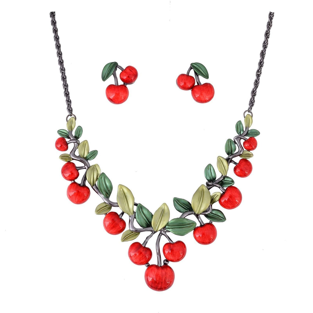 [Australia] - Red Cherry Sweet Strawberry Purple Grape Green Apple Fruit Leaf Pendant Choker Necklace Earrings Jewelry Sets for Women Bridal Lady Gift Red Cherry 