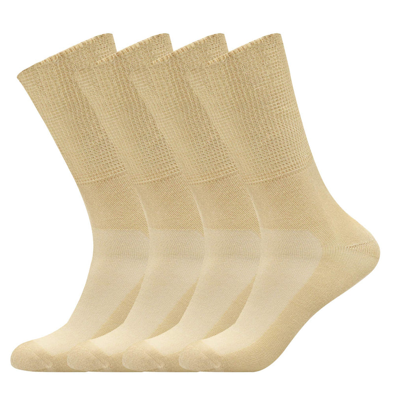 [Australia] - Busy Socks Non-Binding Top Diabetic Socks for Men Women, Thin Soft Crew Mid Calf Socks with Seamless Toe X-Large 4 Pairs Beige 