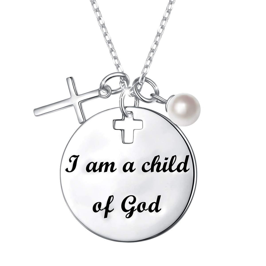 [Australia] - Religious Jewelry 925 Sterling Silver" I Am a Child of God" Laser Engraved Round Plate Necklace with Cross Charm, 18 + 2 inches 