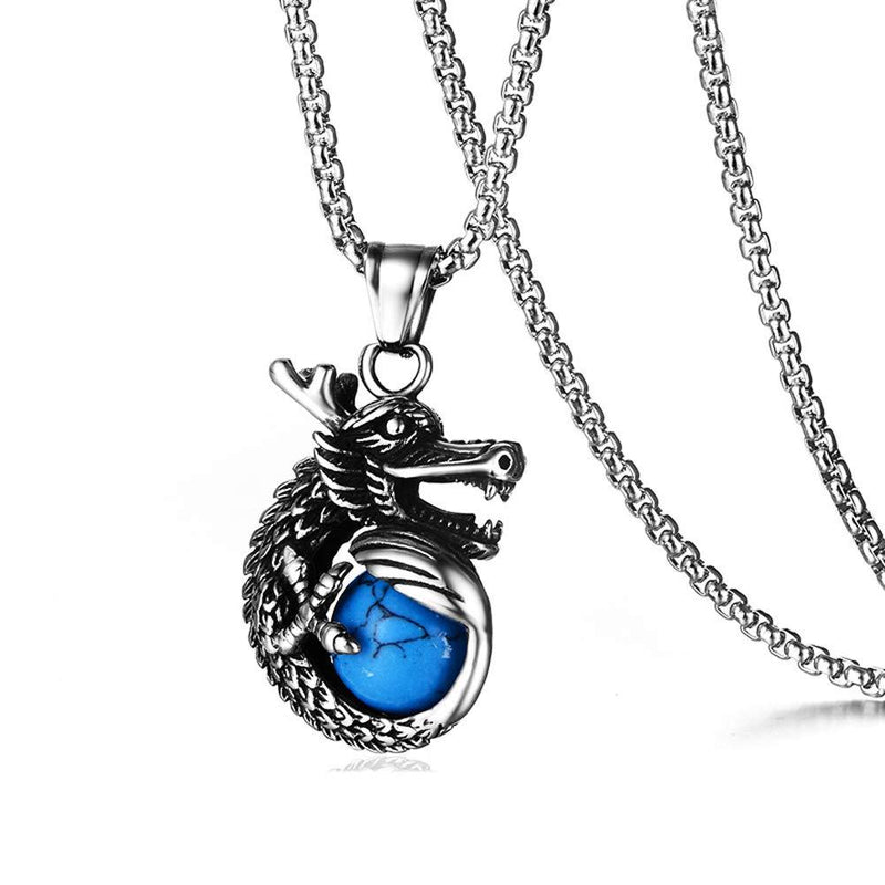 [Australia] - Heavstjer Punk Rock Stainless Steel Dragon Pendant Crystal Ball Necklace,24inches Link Chain Steel Dragon/Blue Crystal Ball 