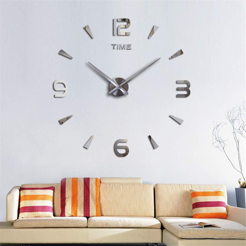 [Australia] - SIEMOO Large DIY Wall Clock Kit, 3D Modern Frameless Wall Clock with Mirror Number Stickers for Home Living Room Bedroom Office Decoration-Silver Silver 