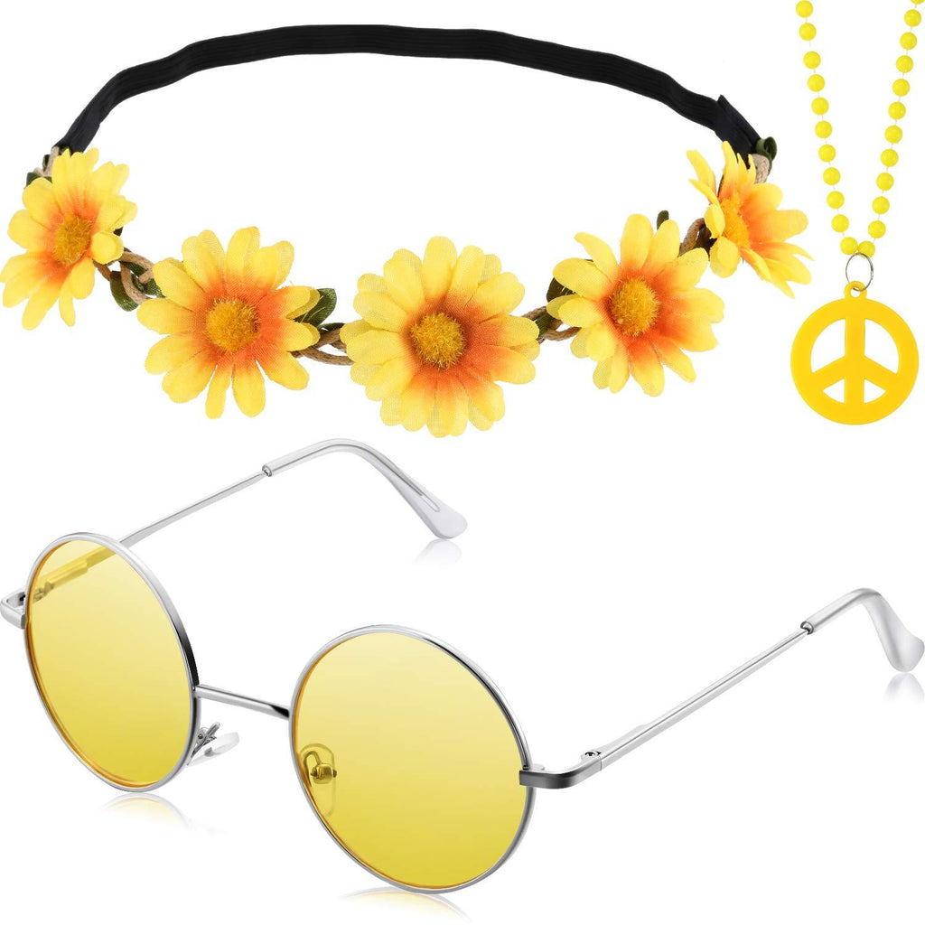[Australia] - 3 Pieces Hippie Costume Party Accessories Set includes Peace Sign Bead Necklace, Flower Crown Headband, Hippie Sunglasses for Adults Kids 