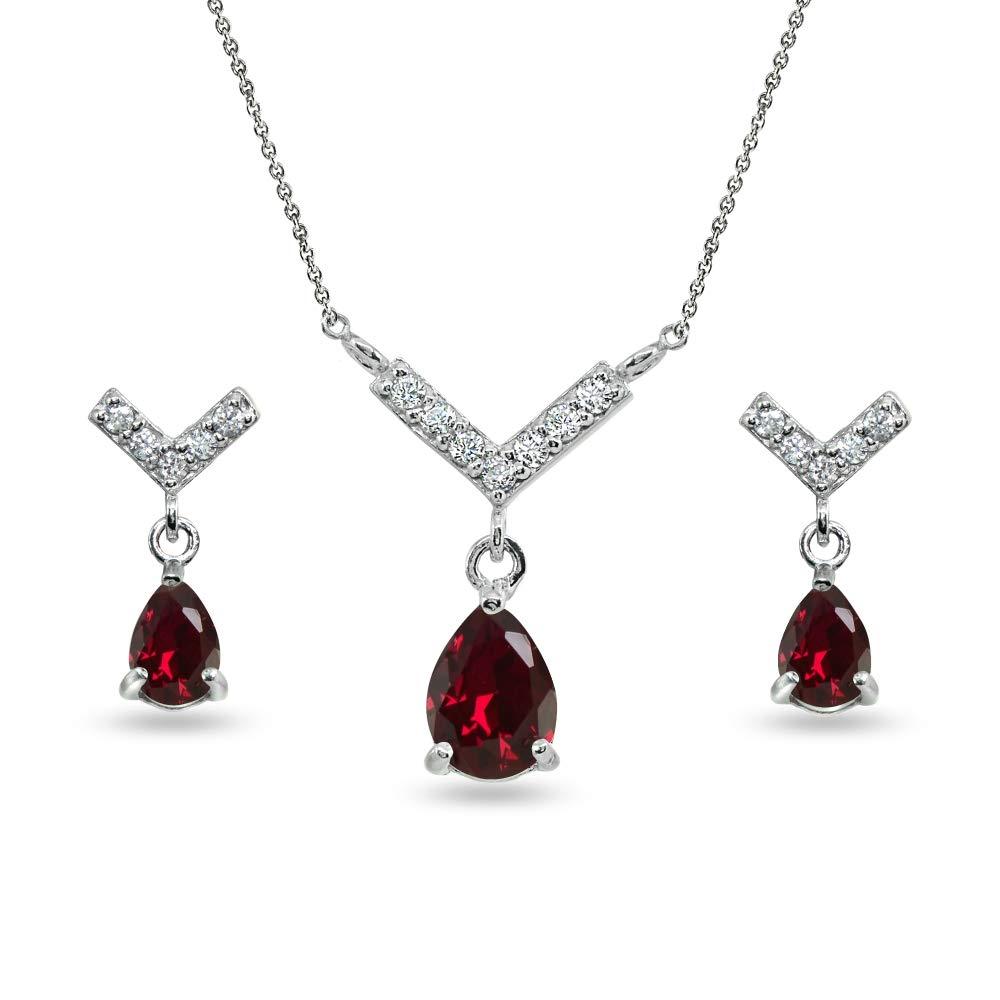 [Australia] - Sterling Silver Genuine or Synthetic Gemstone Teardrop V Design Arrow Necklace & Dangle Earrings Set Synthetic Ruby 