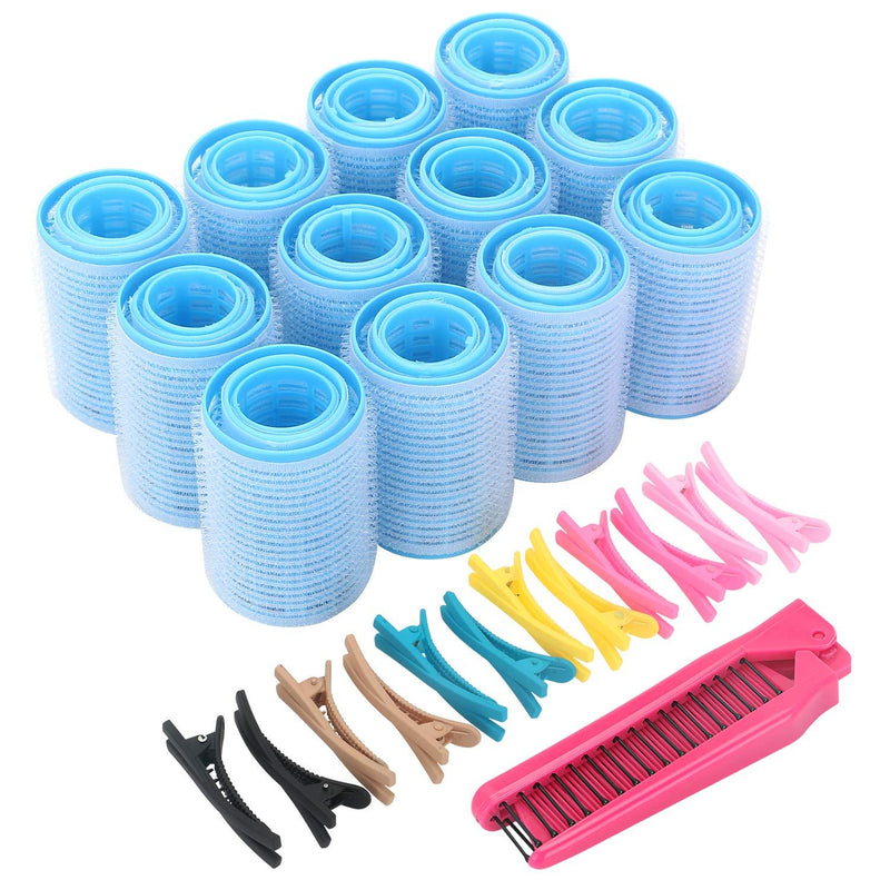 [Australia] - Self Grip Hair Rollers Set, with Hairdressing Curlers (Large, Medium, Small), Folding Pocket Plastic Comb, Duckbill Clips Pattern A 