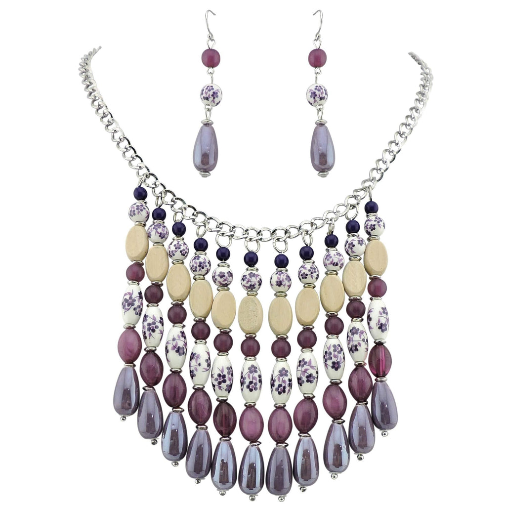 [Australia] - FIRSTMEET Ceramic beads folk-custom collar necklace with earrings Purple 
