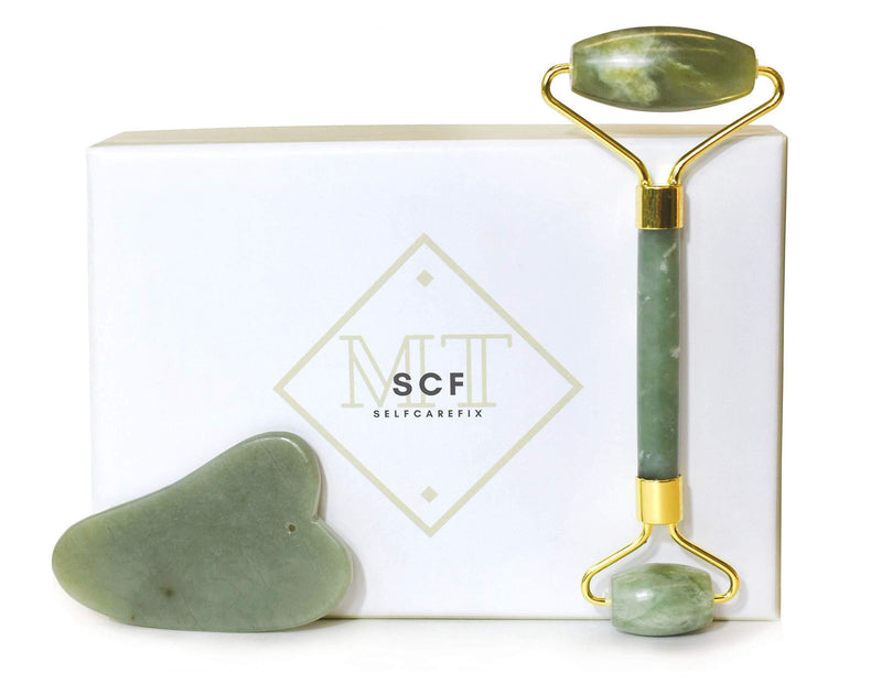 [Australia] - SelfcareFix - Anti-Aging Natural Skincare Kit - Jade Facial Roller and Gua Sha Stone Spa Tools - For Face, Eyes, Back, and Body 