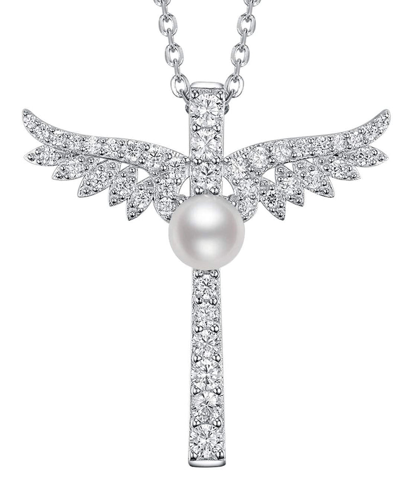 [Australia] - Re Besta June Birthstone Necklace Birthday Gifts for Women Pearl Jewelry for Mom Wife Sterling Silver Angel Wings Emerald Necklace Angel Wings White Pearl Necklace 