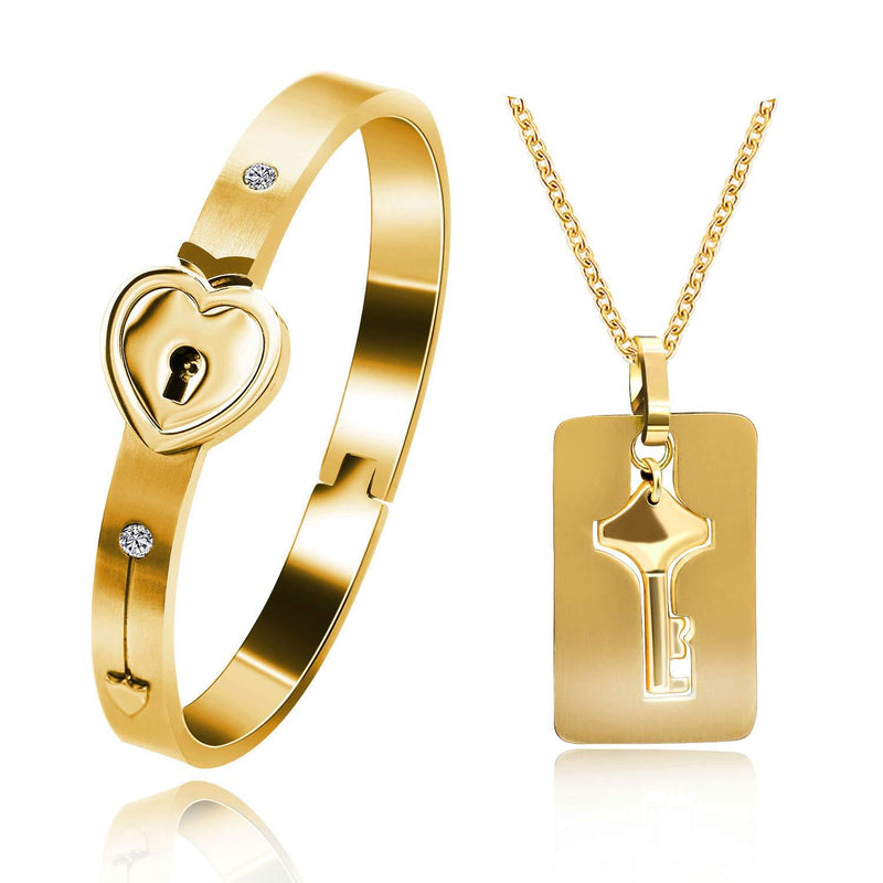 [Australia] - Uloveido Rose Gold Plated Titanium Matching Puzzle Couple Heart Lock Bracelet and Key Pendant Necklace for Men and Women 