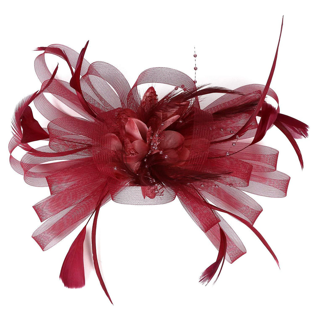 [Australia] - HIDOLL Fascinator Hat Feather Mesh Net Veil Party Hat Ascot Hats Flower Derby Hat with Clip and Hairband for Women A-dark Red 