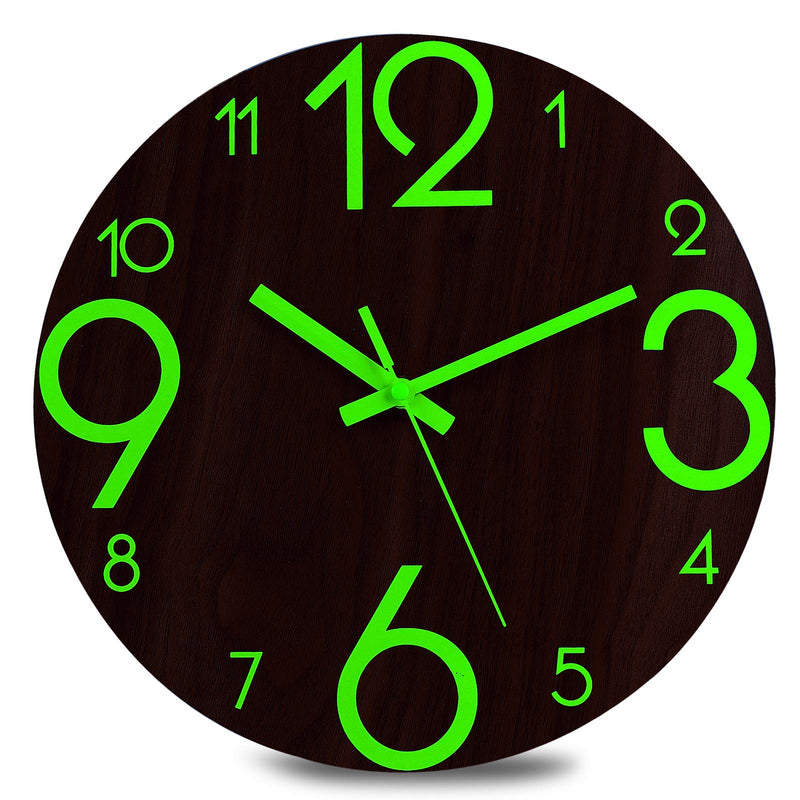 [Australia] - Plumeet Luminous Wall Clock - 12'' Non-Ticking Silent Wooden Clocks with Night Light - Large Decorative Wall Clock for Kitchen Office Bedroom,Battery Operated (Brown Face) Country Rustic 