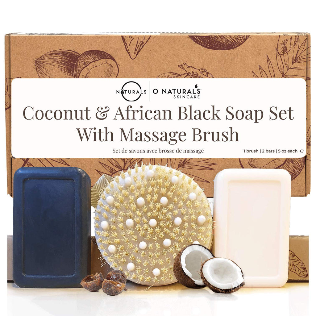 [Australia] - O Naturals Dry Body Brush with African Black Soap & Coconut Shea Bar Soap Gift Set. At Home Spa Gift Set, Dry Brush Deep Massage Bar Soaps with Essential Oils Best Gift for Her 5 oz Each Bar 