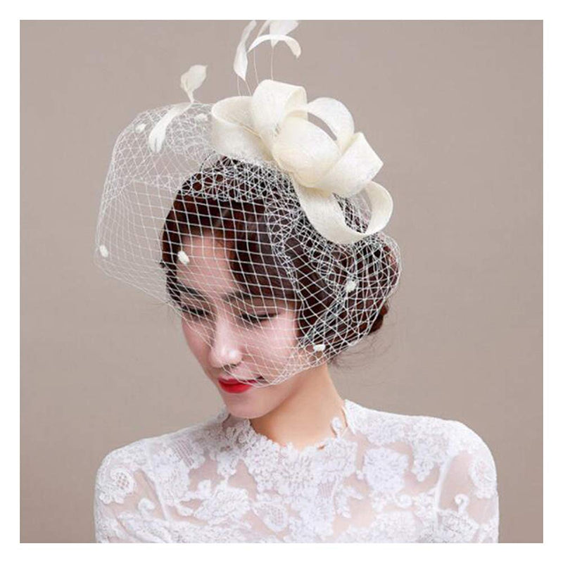 [Australia] - Anglacesmade Bridal Feather Fascinator Birdcage Veil Ascot Race Hat Party Hair Accessories Ivory 