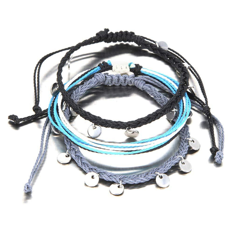 [Australia] - FANCY SHINY String Ankle Bracelets Waterproof Rope Anklets Braided Beach Boho Coin Anklets Cute Friendship Foot Jewelry for Women Teen Girls Black Gray Disc 