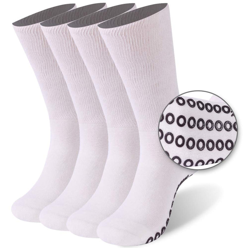[Australia] - KitNSox Non-Skid Diabetic Socks for Men Women, Non-Binding Moisture Wicking Cushioned Non Slip Crew Grip Socks ##White 4 Pairs Diabetic Socks L:Shoe Size:10-13 