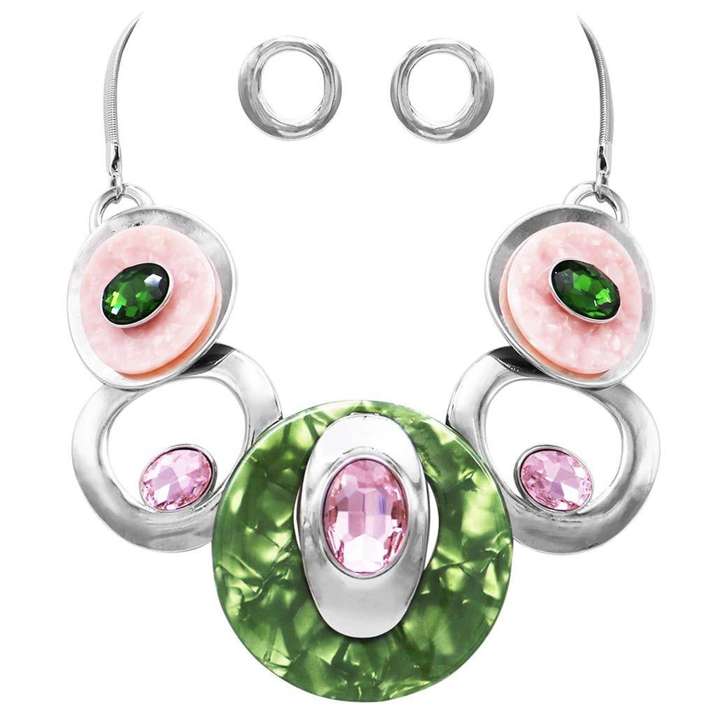 [Australia] - Rosemarie Collections Women's Contemporary Statement Resin Geo Hoop Link with Glass Crystals Bib Necklace and Earrings Set Pink Green Silver Tone 