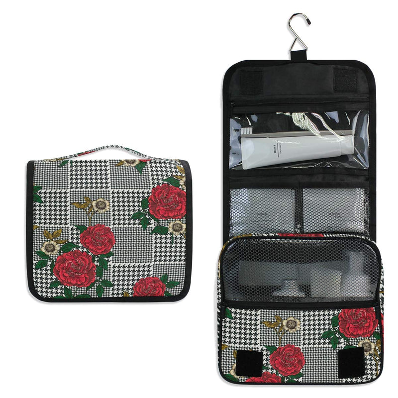 [Australia] - CUTEXL Cosmetic Bag Geometric Floral Flower Rose Plaid Large Hanging Wash Gargle Bag Portable Travel Toiletry Bag Makeup Case Organizer for Women Lady 