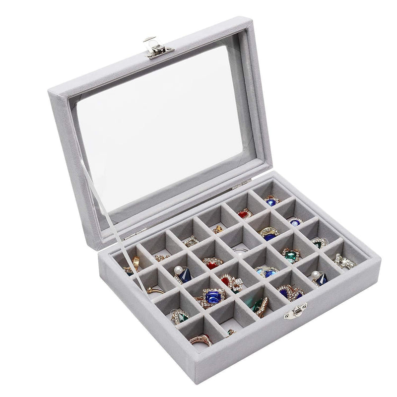 [Australia] - Stylifing Clear Lid Velvet 24 Grid Jewelry Tray Stackable Jewelry Display Showcase Lockable Jewelry Organizer Box Gifts for Girls Women (24 Grid Grey) 24 Grid Grey 