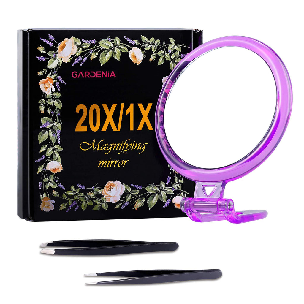[Australia] - 20X Double-Sided Magnifying Mirror &Slant Tip and Pointed Eyebrow Tweezer Set,Perfect for Precise Makeup Application for Facial Hair, Ingrown Hair,Splinter, Blackhead and Tick Remover. (Purple) 