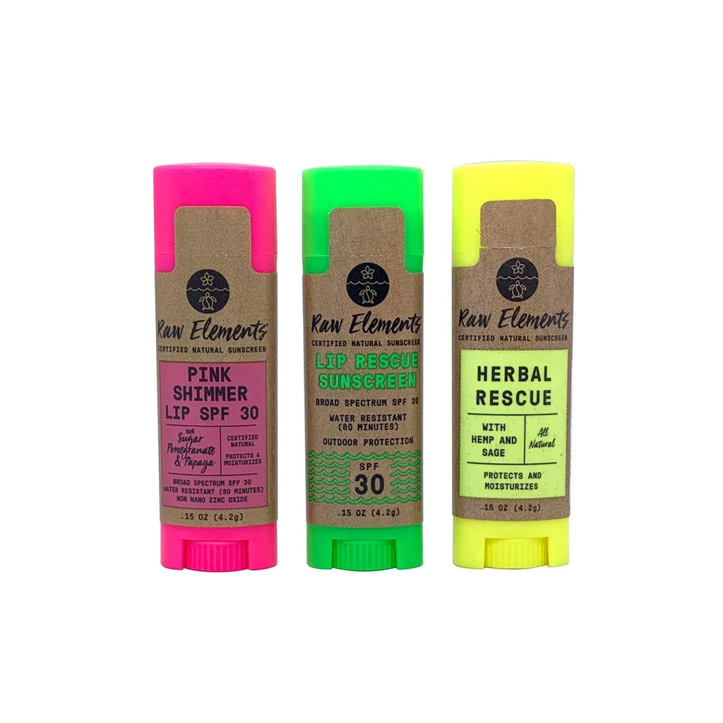 [Australia] - Raw Elements Lip Care 3-Pack | Contains Pink Lip Shimmer SPF 30+, Lip Rescue Sunscreen SPF 30+, and Herbal Rescue Lip Balm, 0.15oz each 
