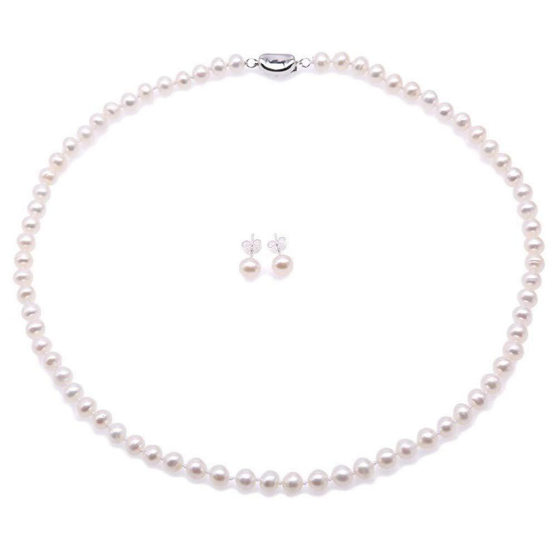 [Australia] - JYX Pearl Necklace Set AA+ 6-7mm Natural White Freshwater Cultured Pearl Necklace Bracelet and Earrings Set for Women 2 set E 