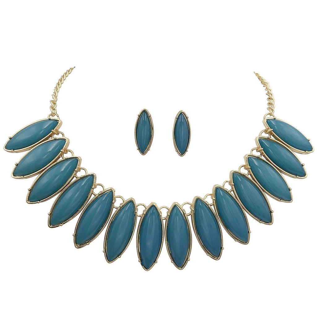 [Australia] - Gypsy Jewels Unique Fan Flair Statement Gold Tone Boutique Chunky Bib Bubble Necklace Earrings Set Teal Aqua Blue 