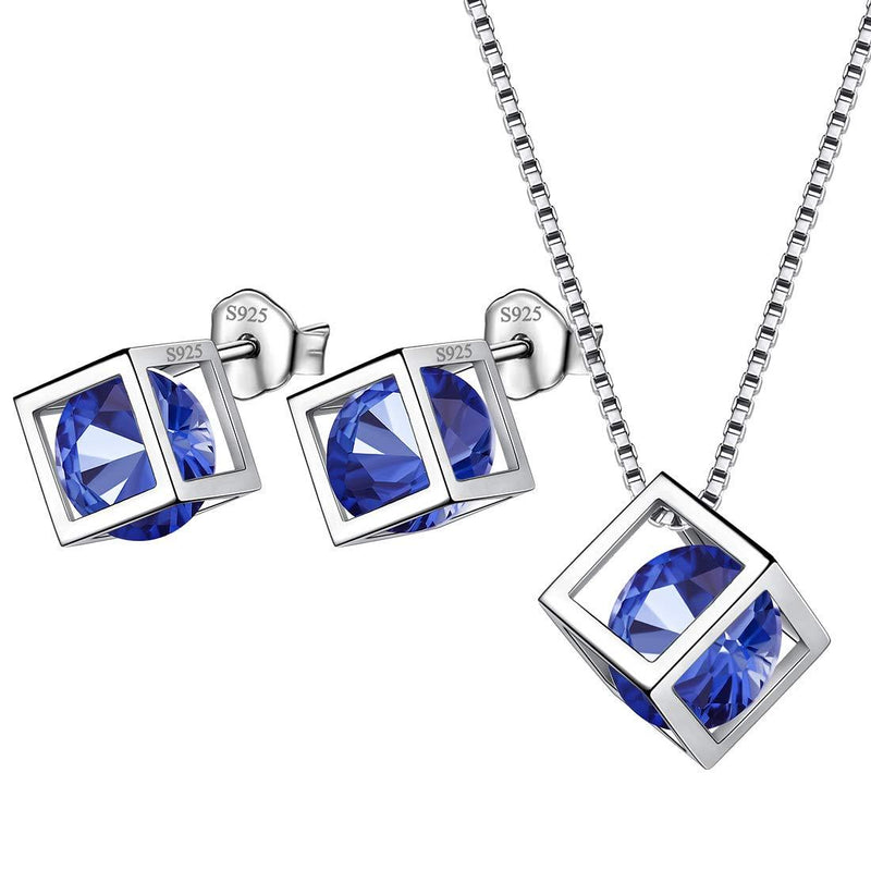 [Australia] - Birthstone Necklace/Earring 925 Sterling Silver Women Cross/3D Cube/Cresent Moon Birth Stone Jewelry Mens Birthday Gift Anniversary Present I.Blue-September-Sapphire 3d-cube-sets 