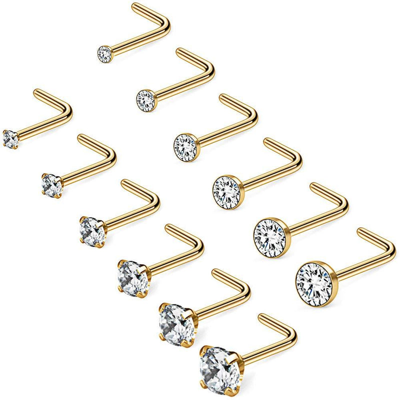 [Australia] - Ruifan 20G 1.5mm 2mm 2.5mm 3mm 3.5mm 4mm Opal Clear Diamond CZ Nose L Shaped Studs Rings Piercing Jewelry 4-20PCS 12PCS - Gold 