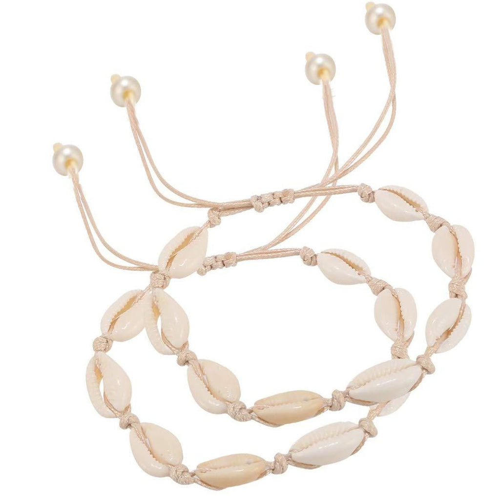 [Australia] - ZHQI Nature Shell Pearl Anklet Bracelet Adjustable Boho Beach Rope Handmade Foot Jewelry for Women Girls 2Pcs White Rope Anklet Bracelet 