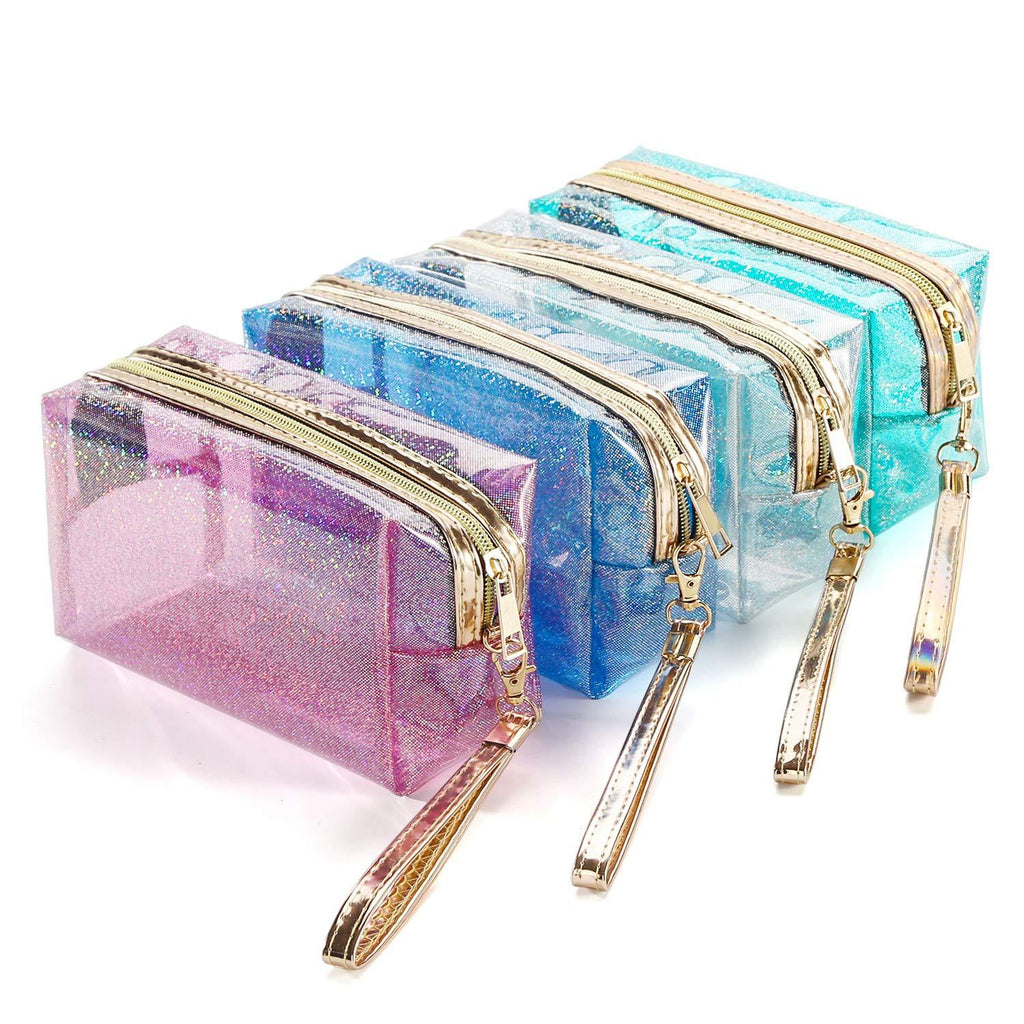 [Australia] - 4Pcs Waterproof Cosmetic Bags PVC Transparent Zippered Toiletry Bag with Handle Strap Portable Clear Makeup Bag Pouch for Bathroom, Vacation and Organizing 