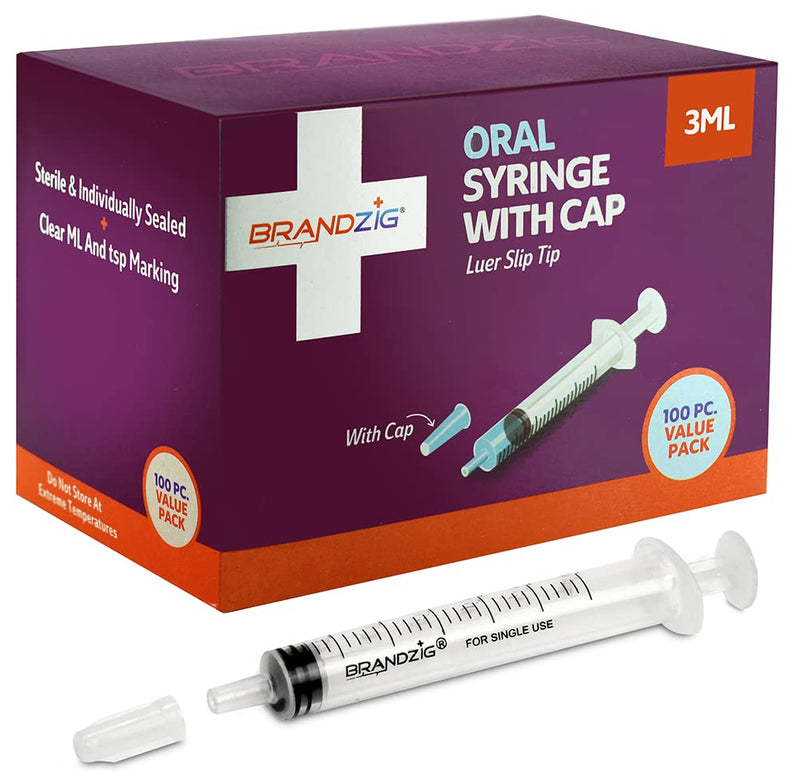 [Australia] - 3ml Syringe With Cap (100 Pack) | Oral Dispenser Without Needle, Luer Slip Tip | Individually Wrapped Medicine Dropper For Infants & Pets 