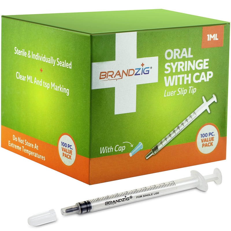 [Australia] - 1ml Syringe with Cap (100 Pack) | Oral Dispenser Without Needle, Luer Slip Tip, | Individually Wrapped Medicine Dropper for Infants & Pets 