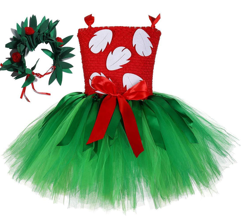 [Australia] - Tutu Dreams Hawaiian Cartoon Dress for Girls 1-12Y with Tropical Fern Leaf Headband Birthday Party Gifts Red 1-2T 