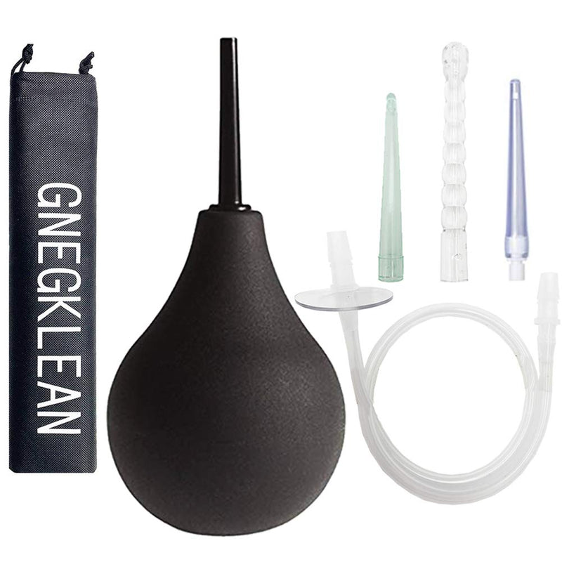 [Australia] - GNEGKLEAN Black Silicone Enema Bulb Kit 7.6oz Clean Anal Douche for Men Women with 19.7in Hose+4 Replaceable Nozzle (Black) 