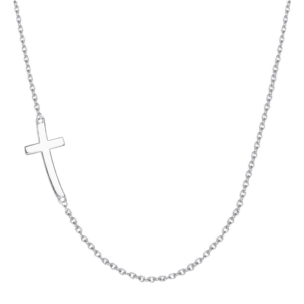 [Australia] - FANCIME White Gold Plated 925 Sterling Silver High Polished Horizontal Plain Sideways Cross Crucifix Pendant Necklace Fine Jewelry For Women Girls, 16" + 2" White CZ High Polished Necklace 